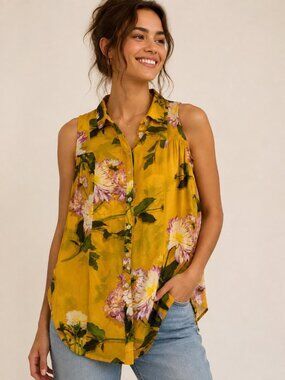 Maeve Anthropologie Floral Blouse Size 4 Mustard Yellow Button Front Sleeveless